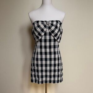 TCEC Strapless Gingham Bow Mini Dress Black Checkered Size M